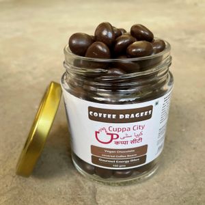 Edible Espresso - coffee beans coated in vegan dark chocolate at Cuppa City Coffee in Siolim