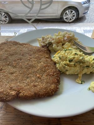 Schnitzel, egg salad and potato salad  at Bezmasna in Prague