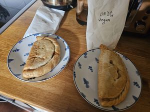 Vegan vegetable pasty and vegan original pasty. at Warrens Bakery   in Newquay