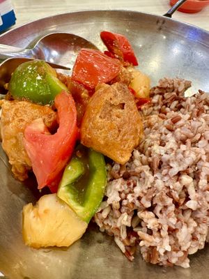 Sweet & Sour Pork. Brown rice is soggy   at Green Vegetarian 三德 - YewTee in West Singapore