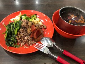 Brown rice with green veggie and beetroot soup  at Green Vegetarian 三德 - YewTee in West Singapore