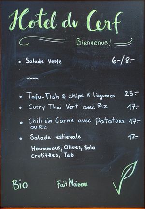 Menu (changing daily) at Hotel Restaurant du Cerf in Soubey