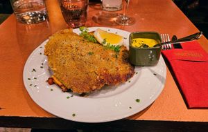 Vegan schnitzel, Bearnaise sauce and potatoes (hiding under the schnitzel!) at Ravintola Santpauli in Helsinki