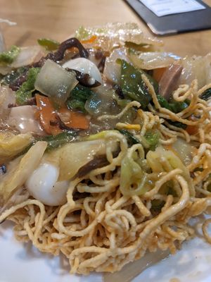 Deep fried noodles with starchy vegetable sauce at Keiai - 桂愛 in Hiroshima