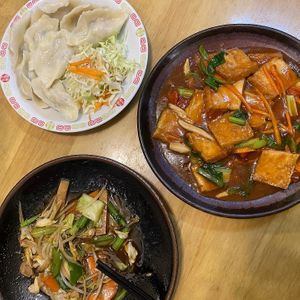 Boiled dumplings, sweet and sour tofu and “pork” and veg stirfry  at Keiai - 桂愛 in Hiroshima