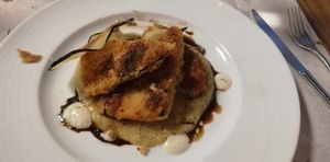 Eggplant cutlet, polenta cream and balsamic reduction at Ristorante Domingo in Delebio