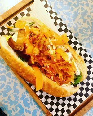 Vegan banh mi with smoked tofu and kimchi  at Quinoa in Barcelona