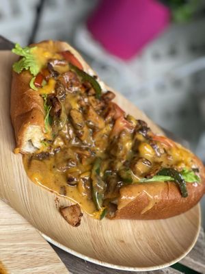 Yaad Philly Sub Shroom 

seasoned with our yaad spices, grilled peppers and onions, lettuce, tomato & vegan cheese at Di Vegan Yaad Kitchen in Hollywood