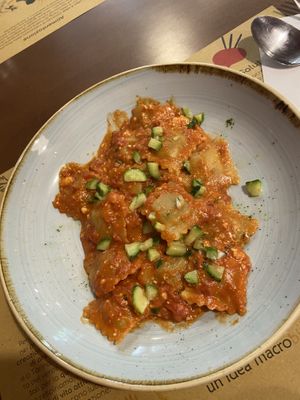 Ravioli di seitan con pomodoro al basilico e formaggio di mandorle   at Una Gemma in Turin