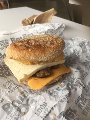 Maple crunch with sausage.  Cold tofu and unmelted cheese at Odd Burger  in Edmonton