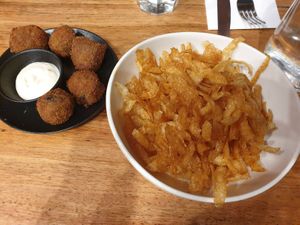 Mushroom bitterballen $13.00, Fried potato skins $7.00 at Mokum in Brunswick