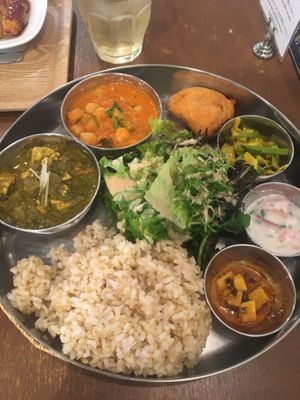 Double curry set. Tofu spinach curry and a chickpea curry.  at Sasaya Cafe in Tokyo