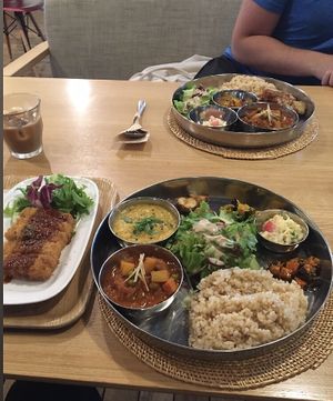 Double curry sets with extra tempeh Katsu  at Sasaya Cafe in Tokyo