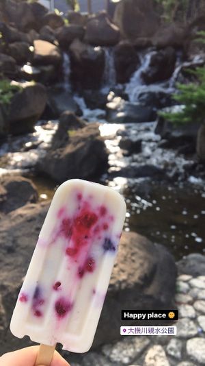 Berry lollipop near the water feature in the park  at Sasaya Cafe in Tokyo