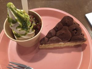 Raw chocolate cake and strawberry and pistachio soy soft serve  at Sasaya Cafe in Tokyo