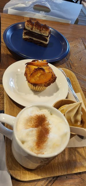 Latte, muffin, soft serve, tiramsu at Sasaya Cafe in Tokyo