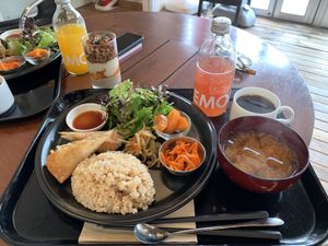 Vegan deli plate with rice and miso soup at Sasaya Cafe in Tokyo