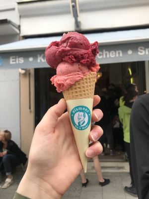 Delicious fruit flavored ice creams -- in a vegan cone! at Eismeer in Munich