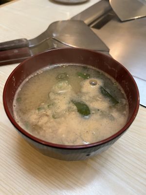 Vegan miso soup with tofu, seaweed, and sesame. Part of vegan okonomiyaki set menu    at Abeno in London