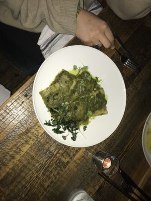 Vegan Ravioli w/ Garlic Scapes (Seasonal Dish) at Revolution Kitchen in Burlington