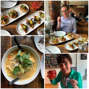 Oyster mushroom ceviche, Nachos, and noodle dish. at Revolution Kitchen in Burlington