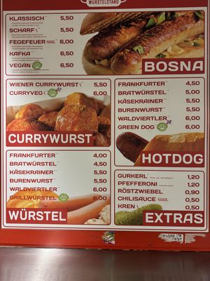 Menu  at Hermann's Würstelstand in Vienna