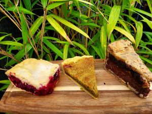 Cherry Shortbread Pie, Pistachio Cream Bakewell, and Cookie Pie. at The Free From Gluten Company in Mold