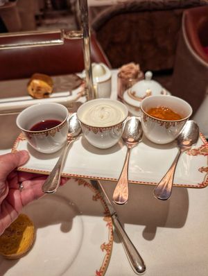 The scones are served with 2 types of jam and vegan clotted cream. at Afternoon Tea at The Savoy - Thames Foyer  in London