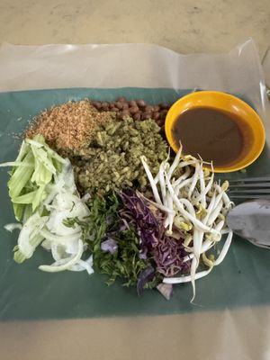 Kelantan Nasi Kerabu / Khao Jam with vegan budu sauce  at Ulang Corner in Kota Bharu