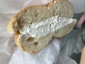 Plain toasted bagel with plain tofu cream cheese  at Tompkins Square Bagels in New York City