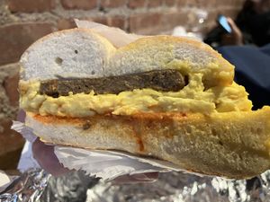 "BEYOND DELIGHT"
Just Egg, Beyond meat, Stockeld Cheddar and Drizzled Sriracha  at Tompkins Square Bagels in New York City