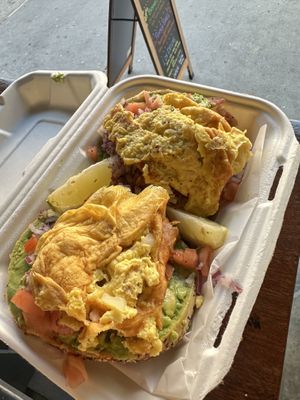 MCA bagel sandwich with added vegan egg (believe this is JUST egg) - served open face with added egg  at Tompkins Square Bagels in New York City