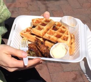 chocolate chip waffle platter with tempeh bacon and oven roasted potatoes at Ladonia Cafe in Madison