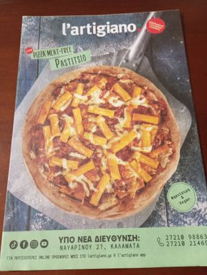Vegan menu.Pizza Meat-Free Pastitsio. at l'Artigiano  in Kalamata