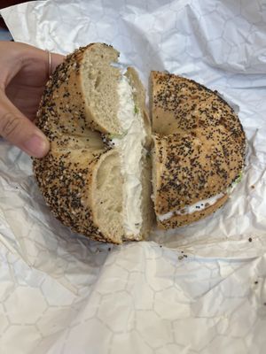 Everything bagel with tofu scallion cream cheesee  at Broad Nosh Bagels Deli in New York City