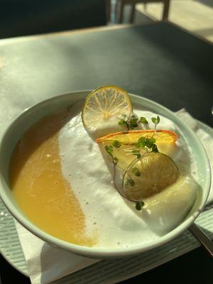 Lime and sweet potato soup, beautifully presented  at Trude & Töchter in Vienna