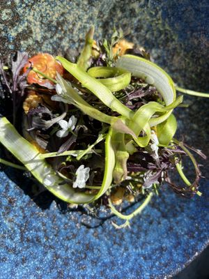Blomkålsflan med ristede blomkål, crudité af asparges, saltede hasselnødder og syltede tomate. Pris kr. 189,00z   at Louisiana Café in Humlebaek