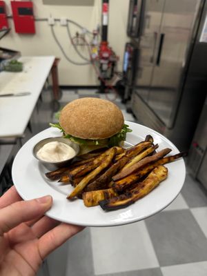 Truffle Burger with fries at KNOW Eatery in Lafayette