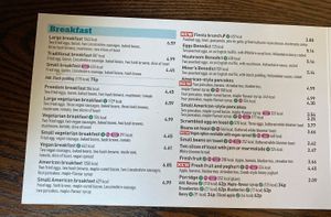 Vegan breakfast. Everything with the leaf symbol is vegann  at The Moon Under Water in Boston