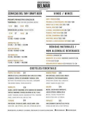 Menu (vegan options limonada, te frio, infusion fria de Jamaica and more) at Cervecería Belmar in Monteverde