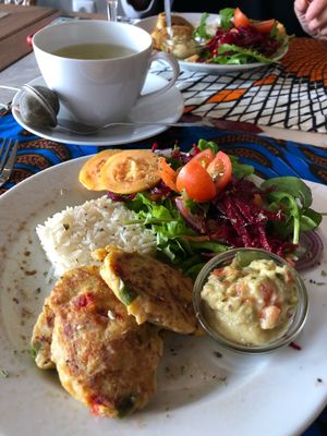 Main dish. Chickpea blinis with guacamole, rice and sallad at Bistro 'O Porto in Tavira