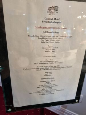 Breakfast allergen guide at Gairloch Hotel in Gairloch
