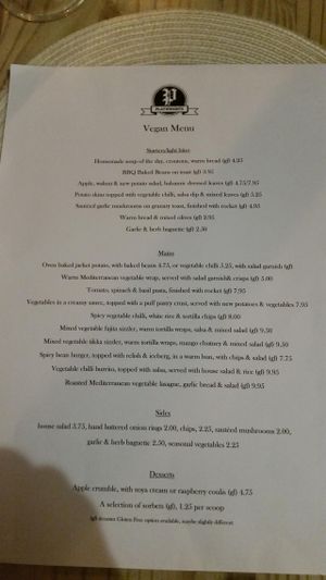 menu at Playwrights in Coventry