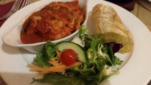 ROASTED Mediterranean Vegetable Lasagne, garlic bread and salad at Playwrights in Coventry