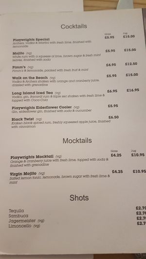 Labelled drinks menu at Playwrights in Coventry