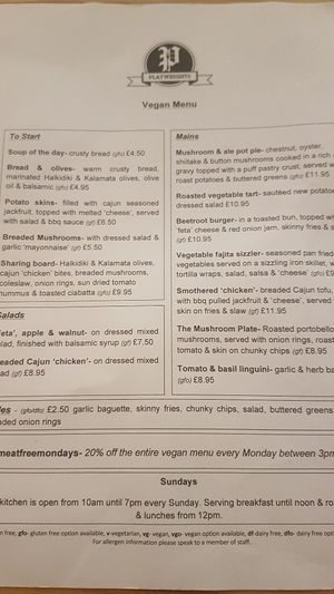 Vegan menu at Playwrights in Coventry