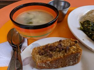Soup and cake as part of the set meal at Quinua in Quito