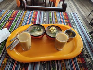 Soup and fruit juice  at Quinua in Quito