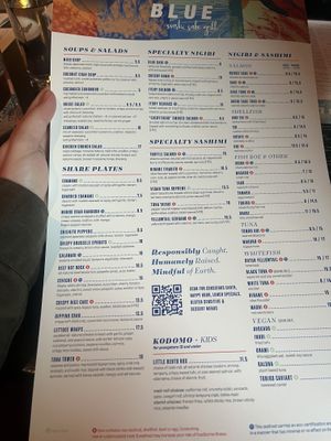 Menu with vegan options marked (green v)  at Blue Sushi in Kansas City