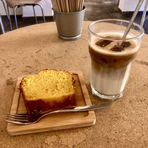 Orange cake and iced latte  at GAL Cafe in Lisbon